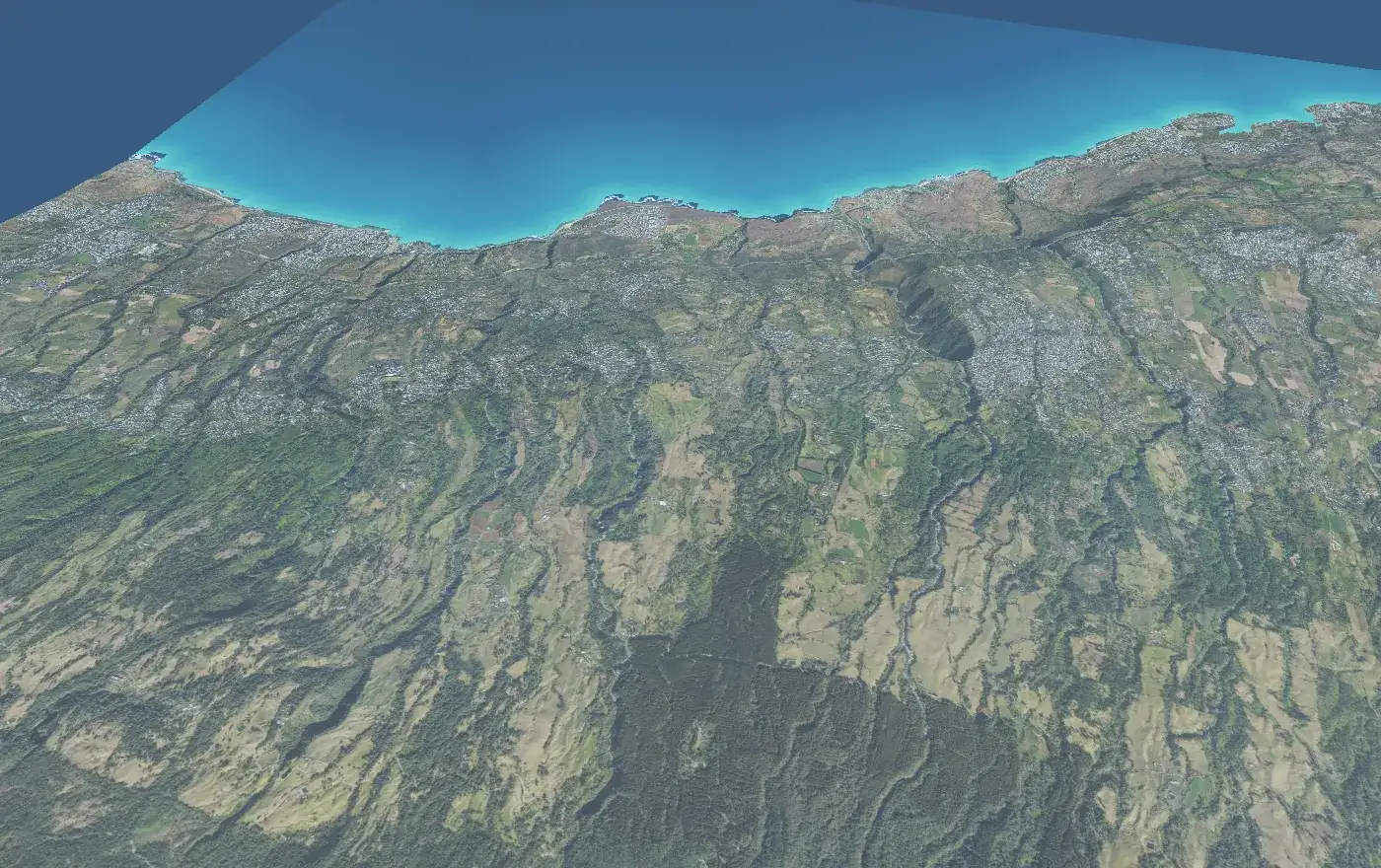 Les Colimaçons, 800 m : le relief de Saint-Leu vu du ciel, le tracé du vol jusqu'au lagon et le biplace en vol