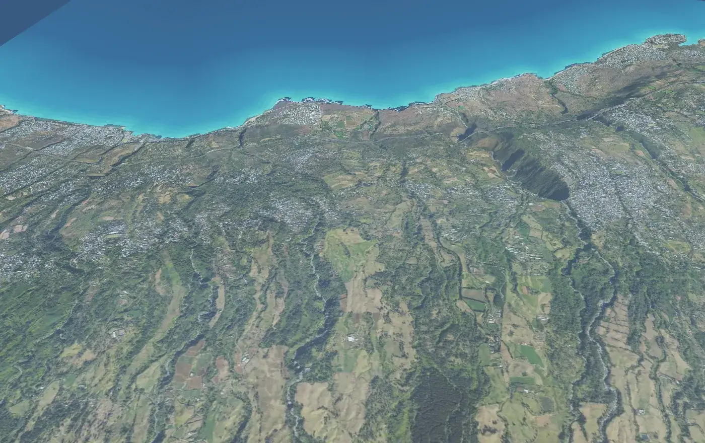 Les Colimaçons, 800 m : le relief de Saint-Leu vu du ciel, le tracé du vol jusqu'au lagon et le biplace en vol