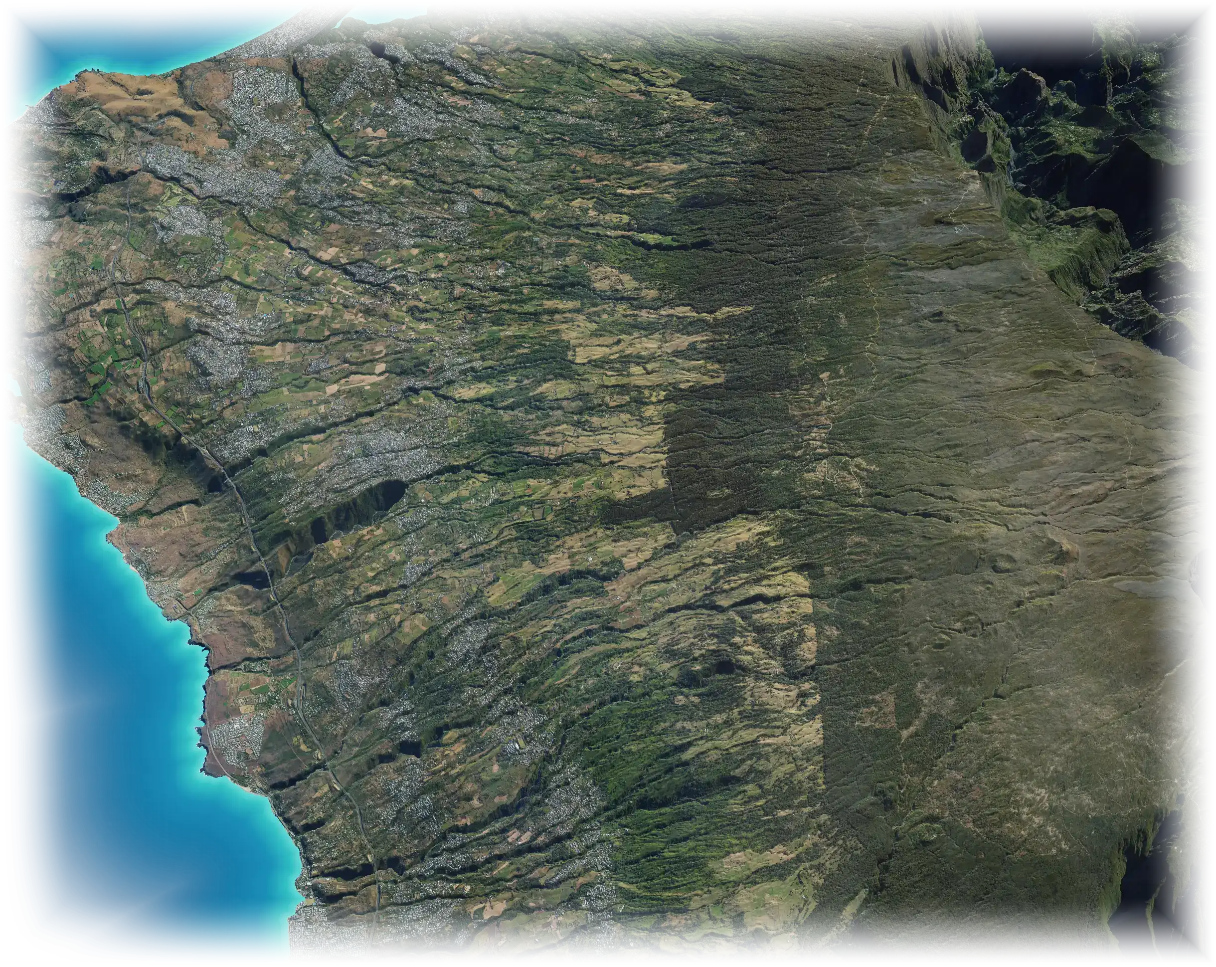 La côte ouest de La Réunion en relief, vue depuis le sud : les trois sites de décollage, des Colimaçons au Maïdo, et les trajectoires du décollage à l'atterrissage, par le lagon de Saint-Leu